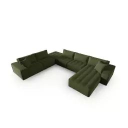 Canapé d’angle gauche panoramique 8 places en tissu structurel vert