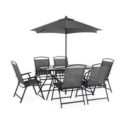 Salon de jardin acier anthracite 1 table 6 fauteuils pliants 1 parasol
