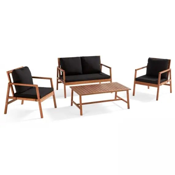 Salon de jardin en bois avec 1 canapé, 2 fauteuils et table basse noir