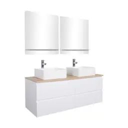 Meuble double vasque 120cm avec plan bois  Blanc+vasque+robinet+miroir
