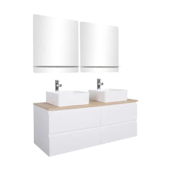 Meuble double vasque 120cm avec plan bois  Blanc+vasque+robinet+miroir
