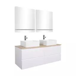 Meuble double vasque 120cm avec plan bois  Blanc+vasque+robinet+miroir