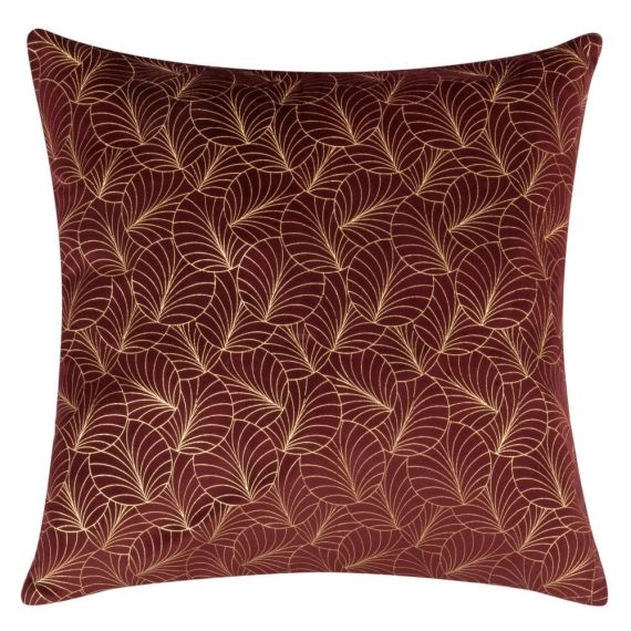 Coussin en velours rouge motifs feuilles dorées 45×45