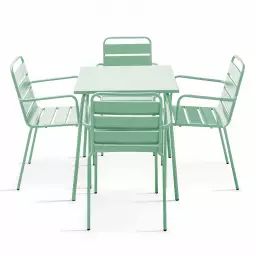 Ensemble table de jardin carrée et 4 fauteuils acier vert sauge