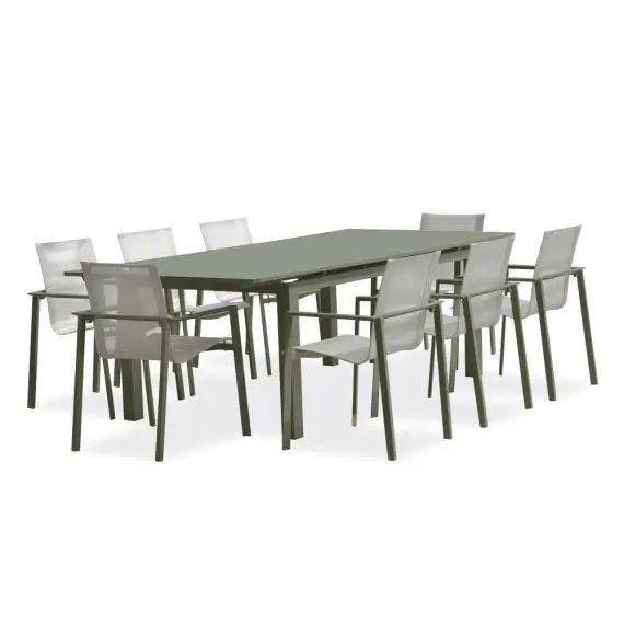 Ensemble repas de jardin 8 places en aluminium kaki