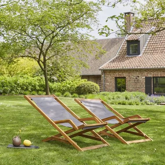 Lot de 2 transats en bois d&rsquo;acacia et tissu gris HANOÏ