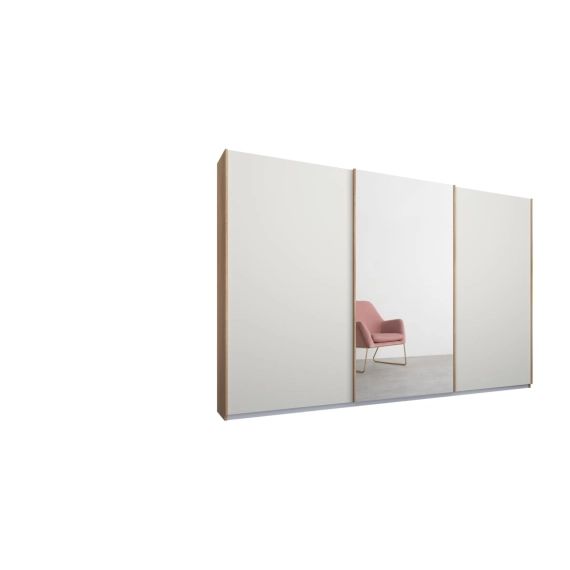 Malix, armoire à 3 portes coulissantes, 270 cm, cadre chêne et portes blanc mat et miroir, intérieur premium