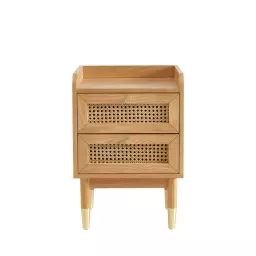 Bombong – Table de chevet 2 tiroirs en bois et cannage – Couleur – Bois clair