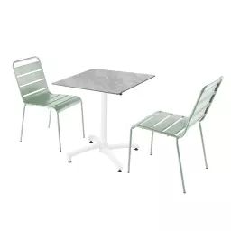 Ensemble table de jardin stratifié marbre et 2 chaises vert sauge