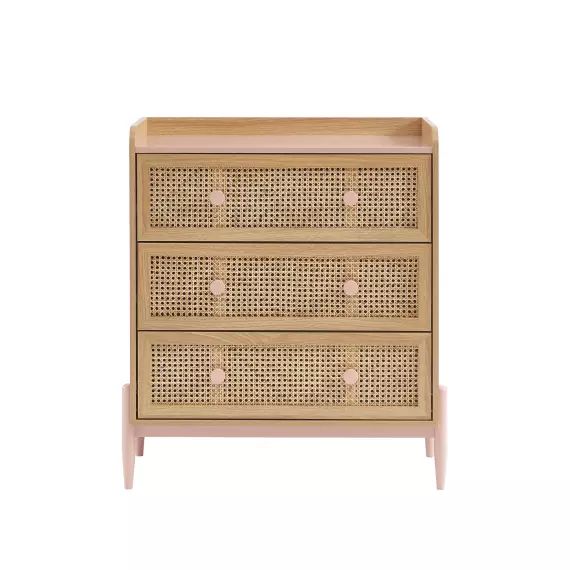 Commode  rose et cannage rotin 3 tiroirs