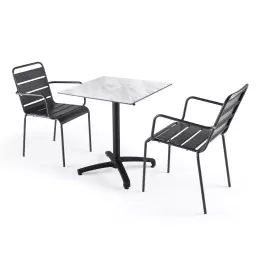 Ensemble table de jardin stratifié marbre et 2 fauteuils palavas gris