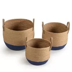 Set de 3 paniers fibre naturelle, bleu/naturel