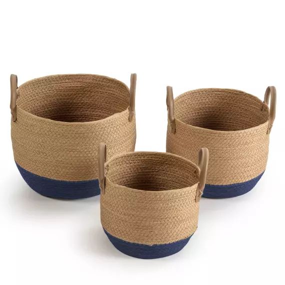 Set de 3 paniers fibre naturelle, bleu/naturel