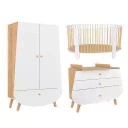 Chambre bébé : Trio – lit bébé 60×120 commode armoire blanc naturel
