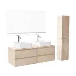 Meuble double vasque 120cm avec plan bois  chêne +vasque+rob+miroir+co