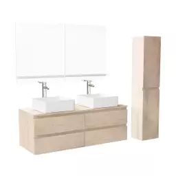 Meuble double vasque 120cm avec plan bois  chêne +vasque+rob+miroir+co