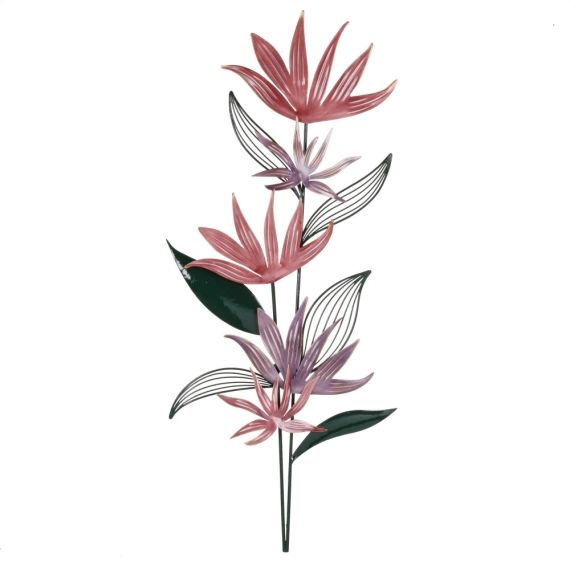 Déco murale fleurs en métal vert, violet et rose 34×85