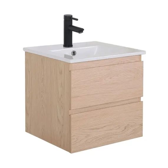 Meuble simple vasque décor chêne 45cm + vasque + robinet