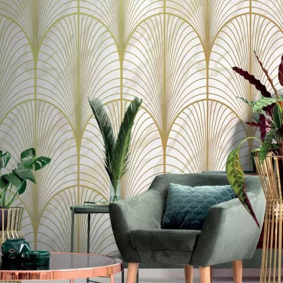 Papier peint panoramique PANORAMA arcs métallisé blanc intissé l.424 x H.280 cm