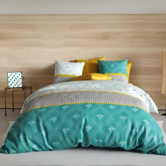 Parure housse de couette coton bleu 220×240 cm