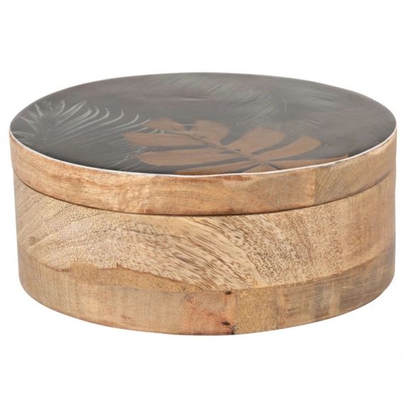 Boîte ronde en manguier imprimé feuilles vertes