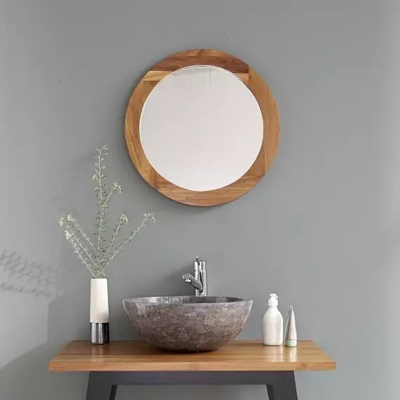 Miroir design rond en bois de teck