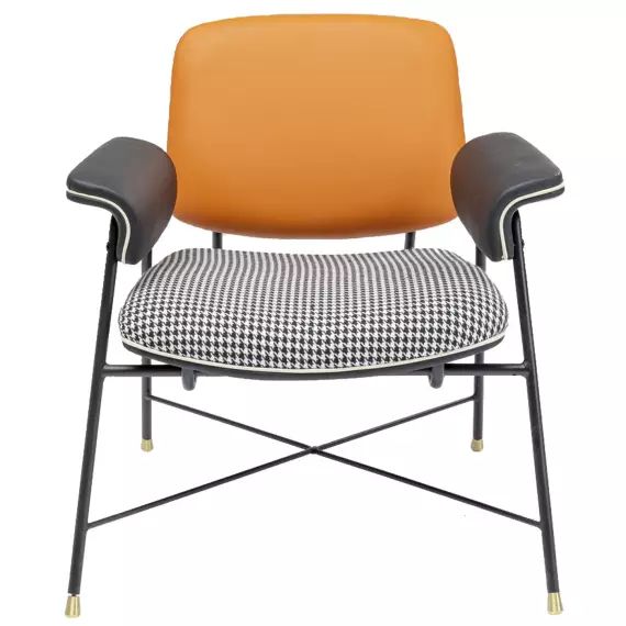 Fauteuil orange, pied-de-poule et acier