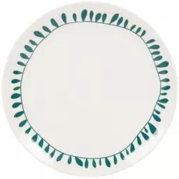 Assiette plate en porcelaine blanche motif végétal vert
