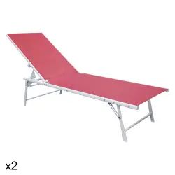 Lot de 2 transats pliants en acier blanc et textilène rose