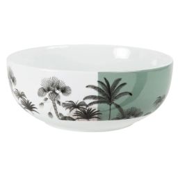 Saladier en porcelaine écrue, noire et bleue motif tropical