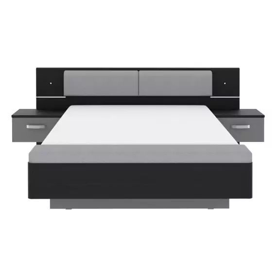 Lit 140×190 cm + 2 chevets suspendus + LED’s DOLCE BLACK EDITION coloris imitation chêne noir et gris mat