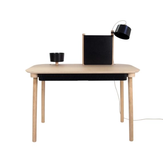 Bureau chêne avec tiroir, bol, lampe et séparateur noir