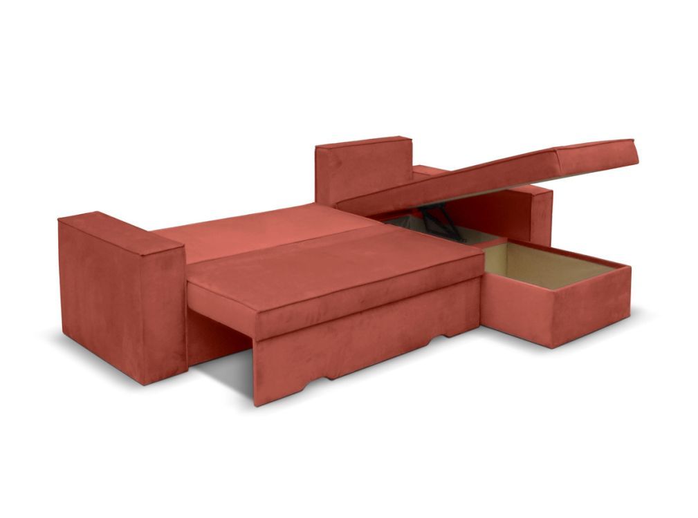 Canapé d’angle CAELIA Réversible et Convertible avec coffre en velours – Rouge brique – 250 x 180 x 79 cm – Usinestreet