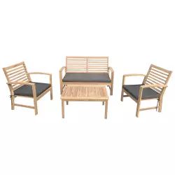 Salon de jardin 4 places en acacia avec coussins gris