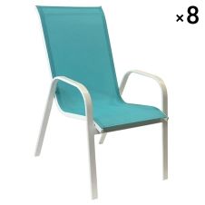 Lot de 8 chaises en textilène bleu et aluminium blanc