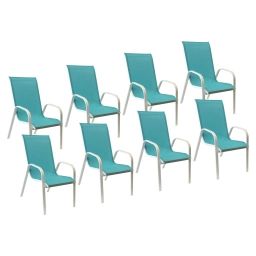 Lot de 8 chaises en textilène bleu et aluminium blanc