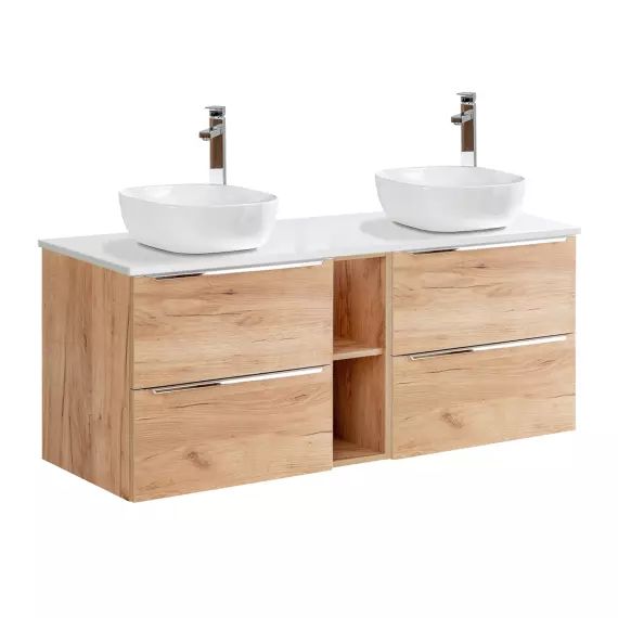 Meuble double vasque 140cm 2 niches naturel et blanc