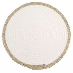 Set de table blanc en polyester recyclé et bordures en fibre végétale