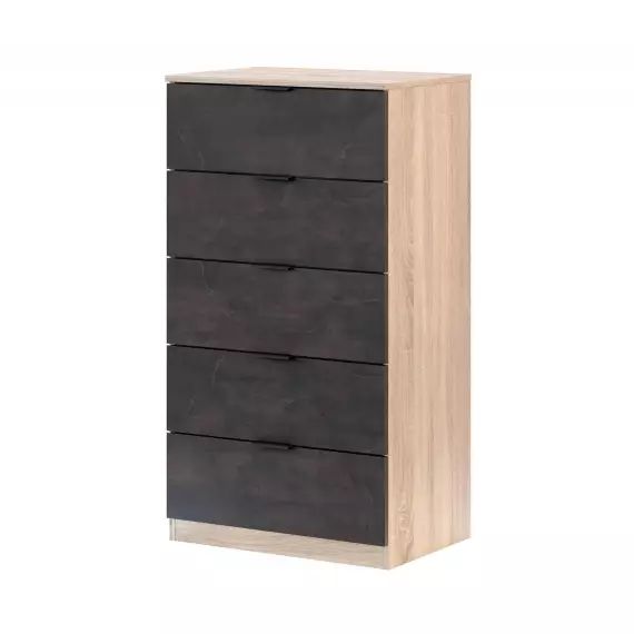 Commode 5 tiroirs effet chêne et bois anthracite