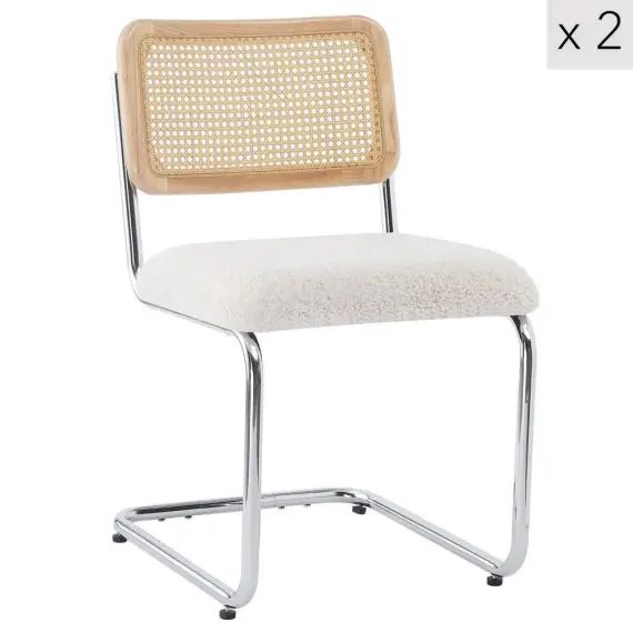 Lot de 2 chaises en métal et cannage avec assise en bouclettes blanc