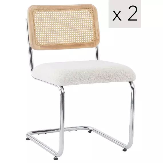 Lot de 2 chaises en métal et cannage avec assise en bouclettes blanc