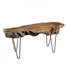 Table basse forme naturelle bois teck pieds épingles métal