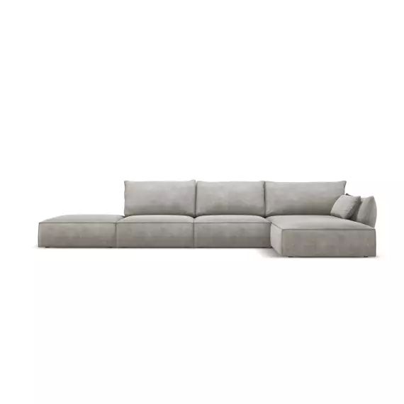 Canapé d’angle droit 5 places en tissu chenille gris clair