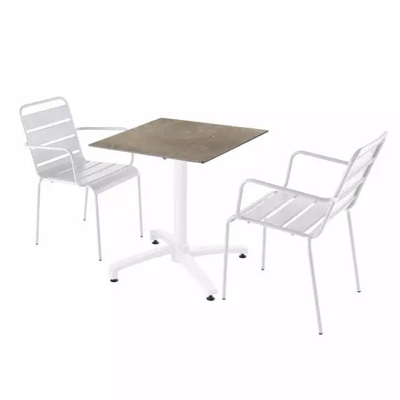 Ensemble table de jardin marbre beige et 2 fauteuils blanc