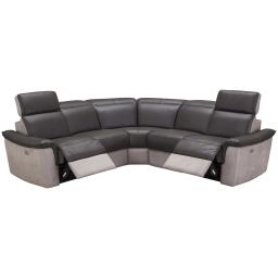 Canapé d’angle relaxation électrique  5 places en cuir/tissu MILTON coloris anthracite/gris clair