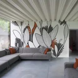 Papier peint panoramique végétal 450 x 250 cm gris