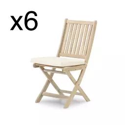 Pack de 6 chaises de jardin pliantes en bois avec coussins inclus