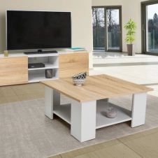 Table de salon carrée design bois imitation hêtre et blanc