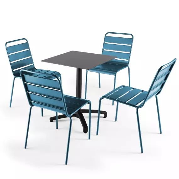 Ensemble table de jardin statifié noir et 4 chaises bleu pacific