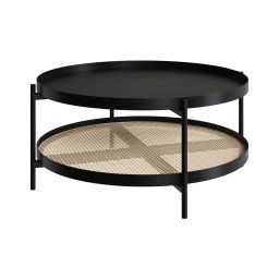 Table basse en cannage et bois de mindi noir D84 cm